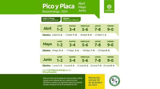 Pico y Placa en Bucamanga - Abil, Mayo y Junio 2024