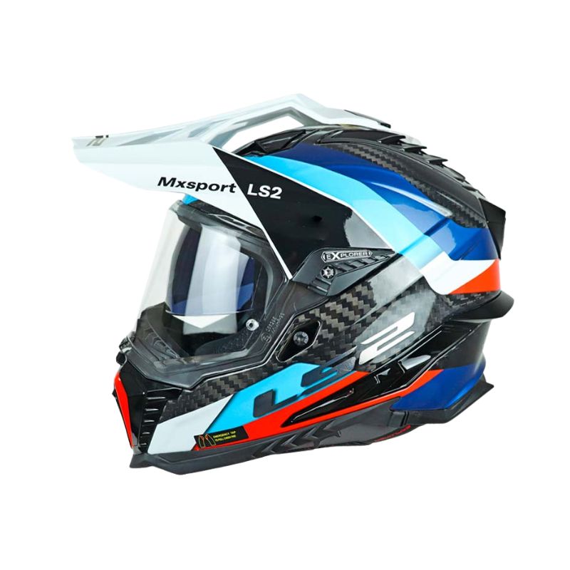 LS2, Explorer Motorcrosshelm met frontier, carbon frontier, kleur zwart blauw LS2, Explorer Motorcrosshelm met frontier, carbon frontier, kleur zwart blauw
